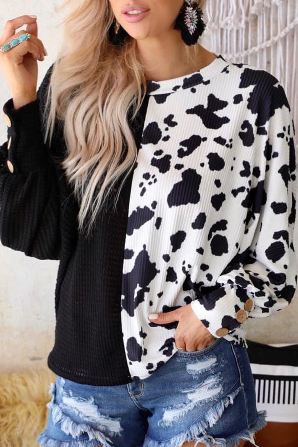 Black Cow Patchwork Waffle Knit Long Sleeve Top-yoyobikini
