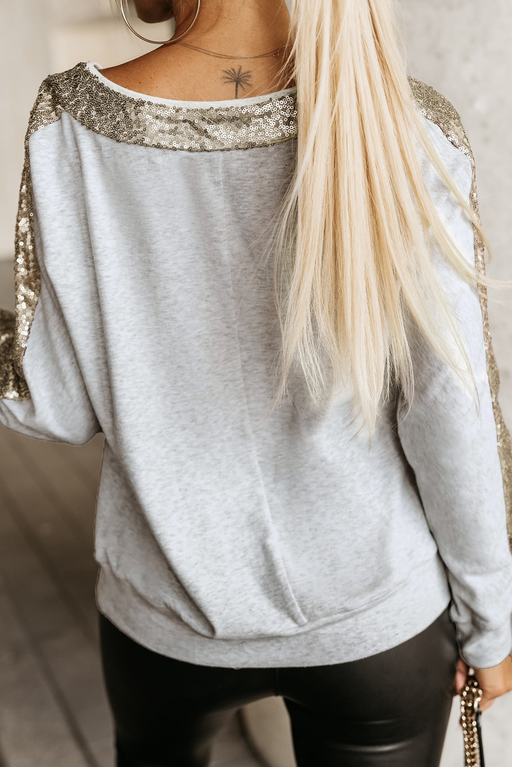 Khaki Sequin Patchwork V Neck Long Sleeve Top-yoyobikini