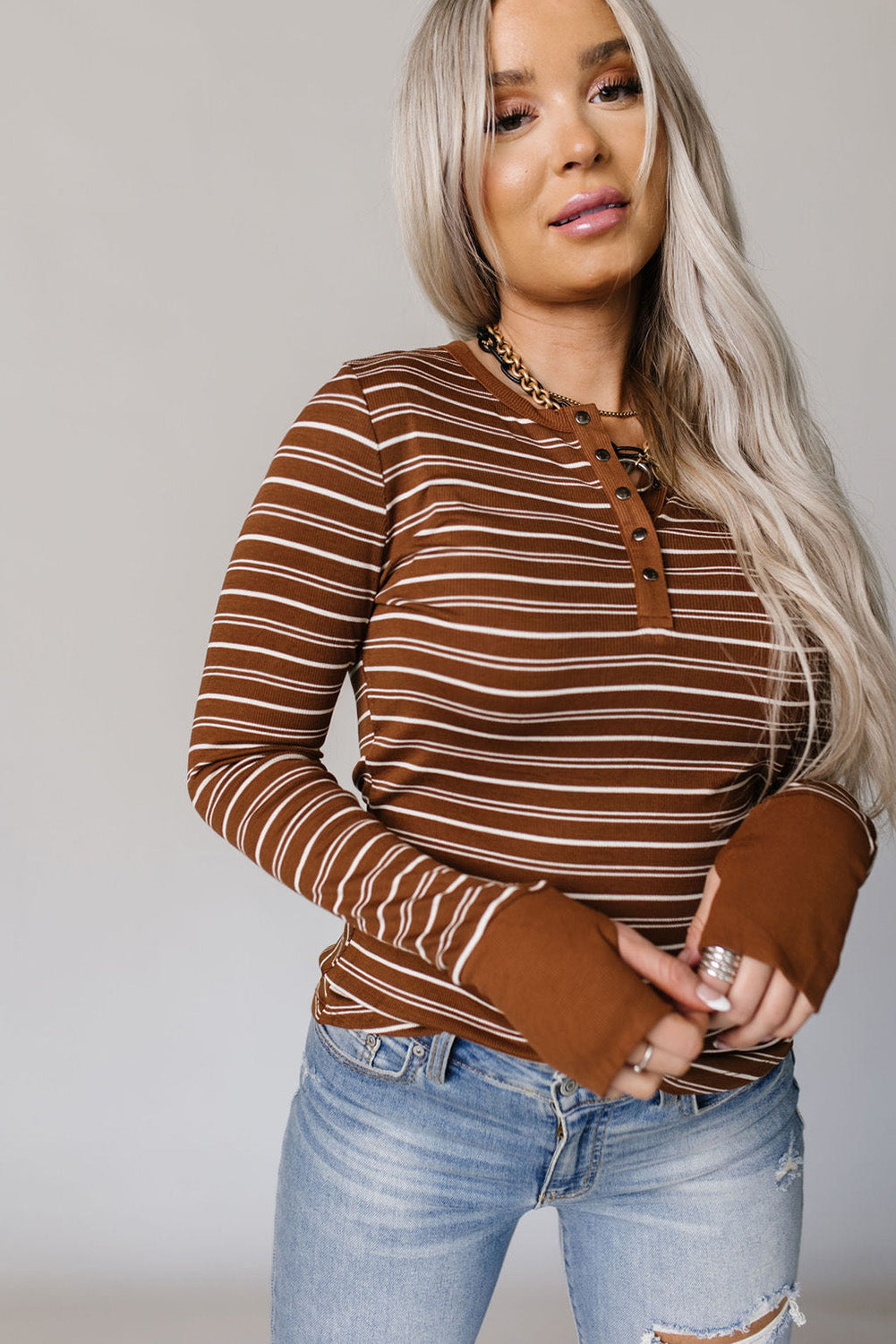 Brown Thumbhole Sleeve Striped Henley Top-yoyobikini