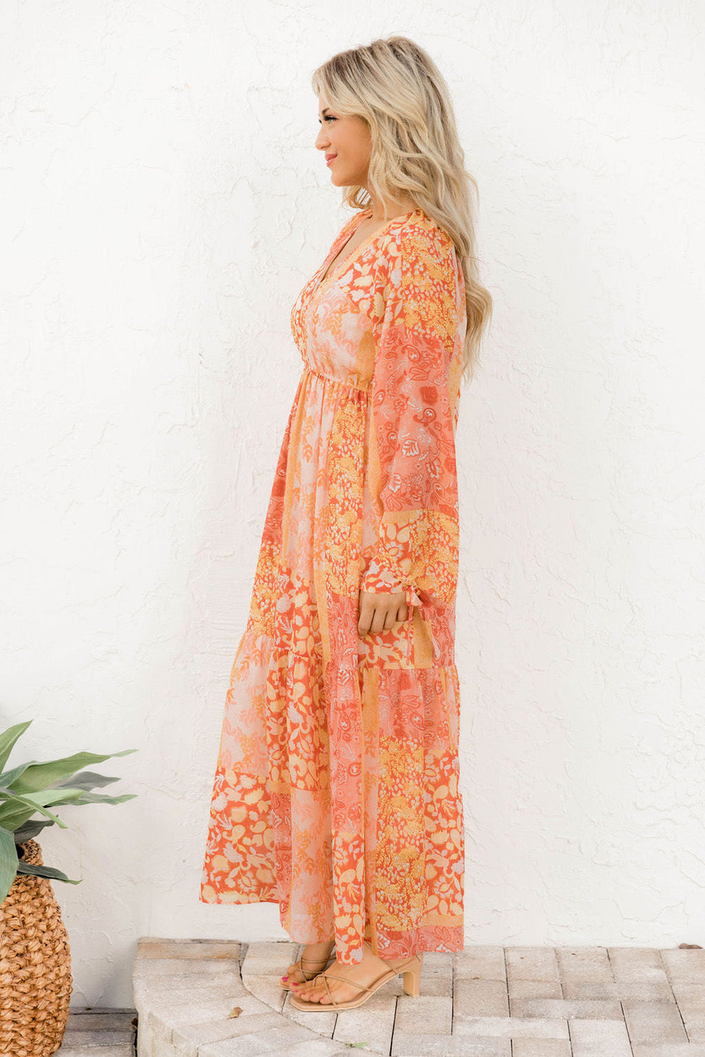 Orange Boho Floral Wrap V Neck Tie Long Sleeve Dress-yoyobikini