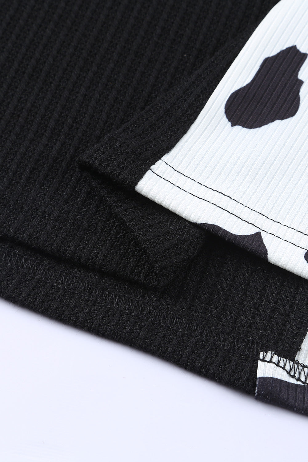 Black Cow Patchwork Waffle Knit Long Sleeve Top-yoyobikini