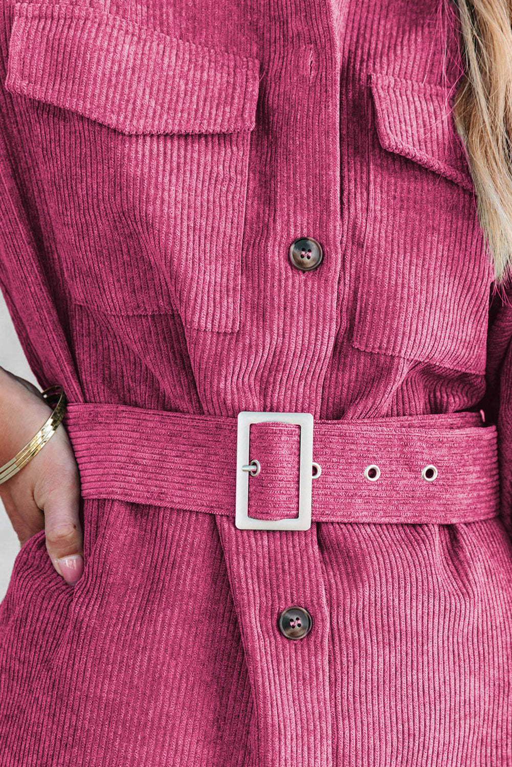 Rose Corduroy Long Sleeve Button up Shirt Dress with Belt
