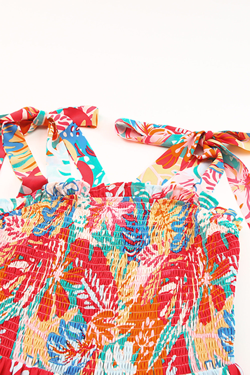 Multicolor Vibrant Tropical Print Smocked Ruffle Tiered Maxi Dress-yoyobikini