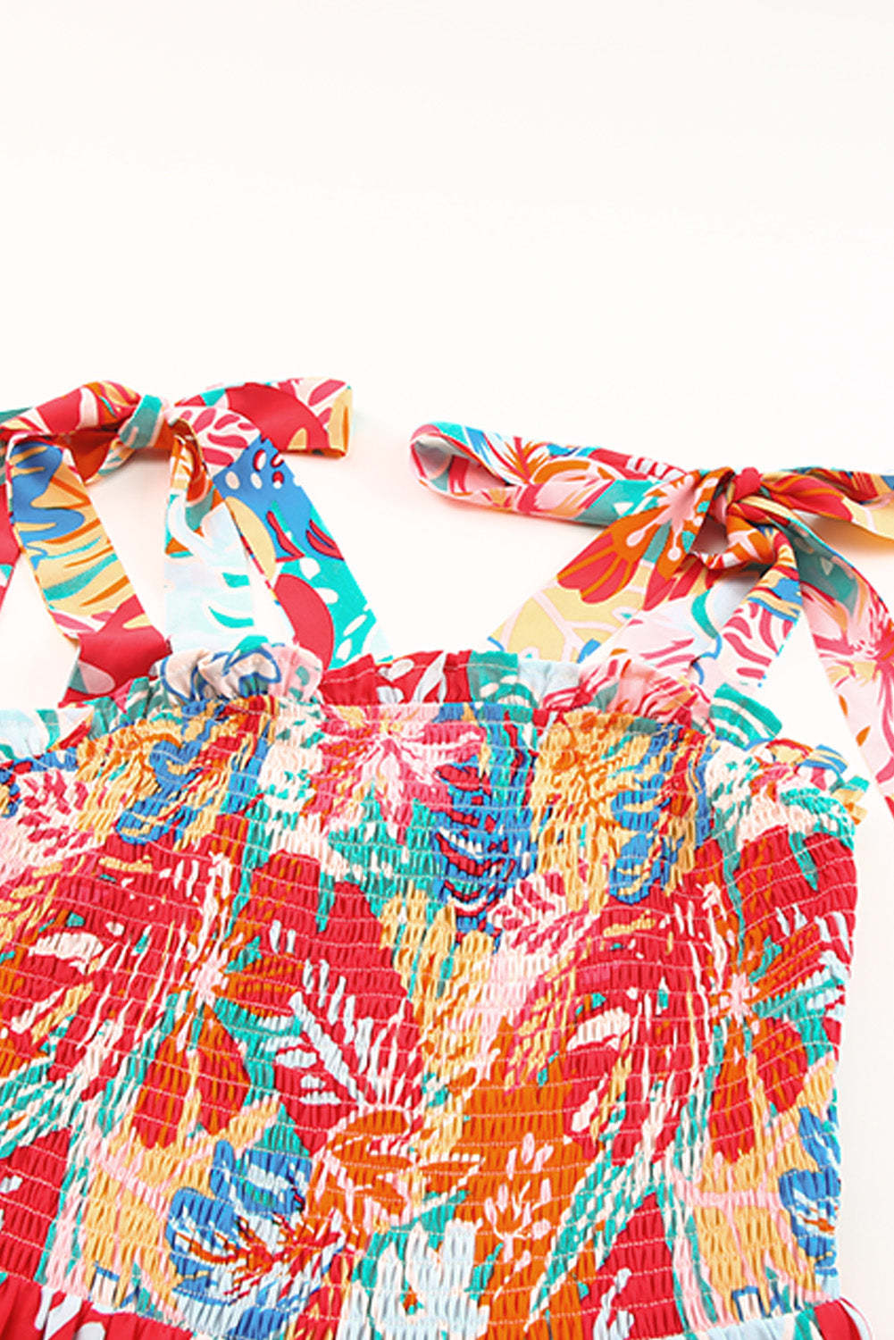 Multicolor Vibrant Tropical Print Smocked Ruffle Tiered Maxi Dress-yoyobikini