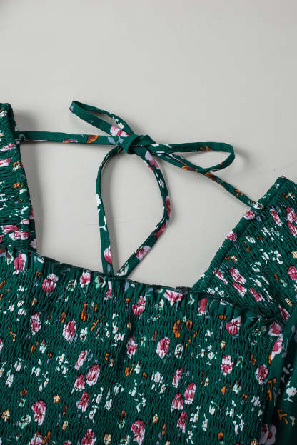 Floral Print Smocked Lace-up Square Neck Long Sleeve Top-yoyobikini