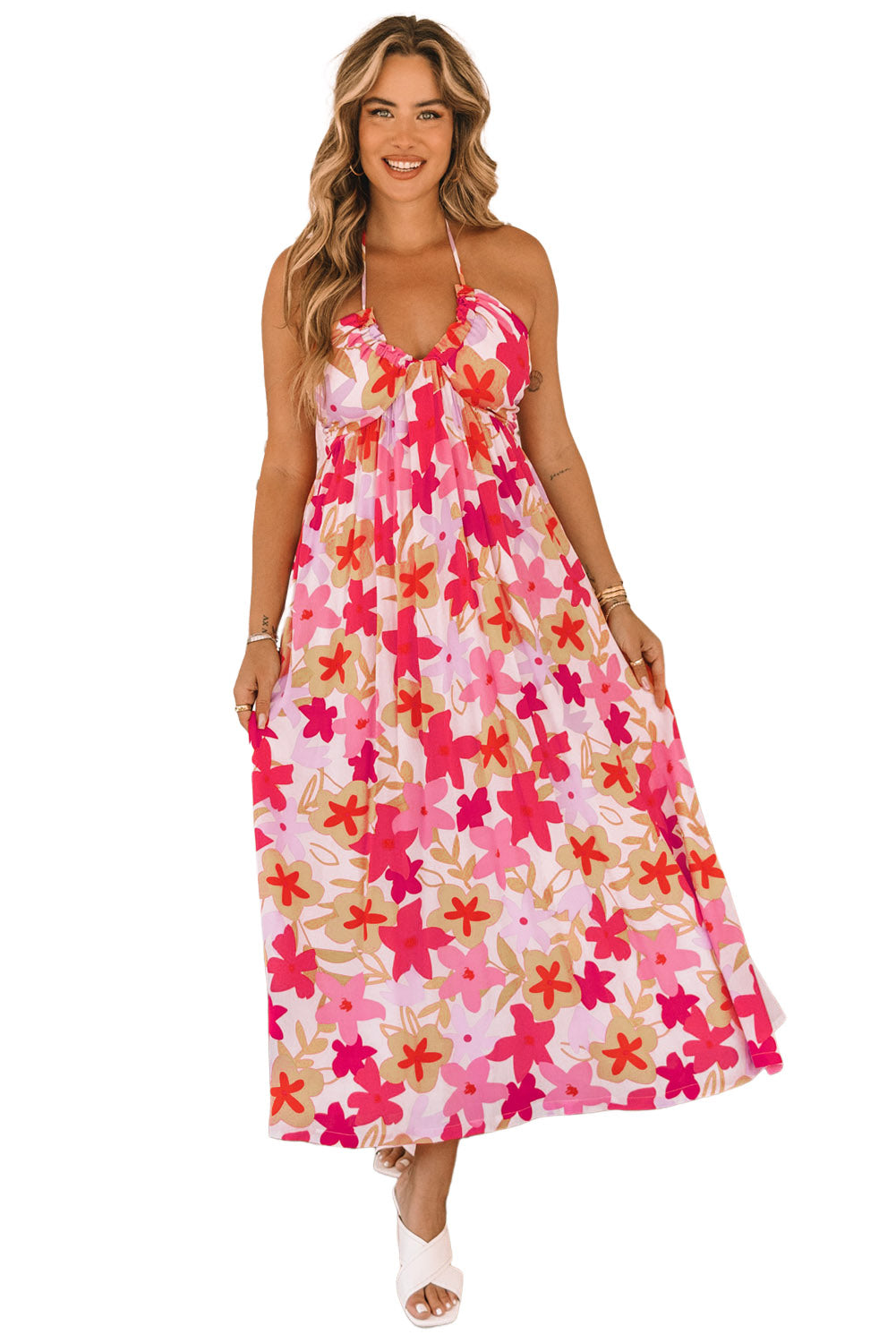 Red Halter Neck Backless Floral Print Maxi Dress with Ties-yoyobikini