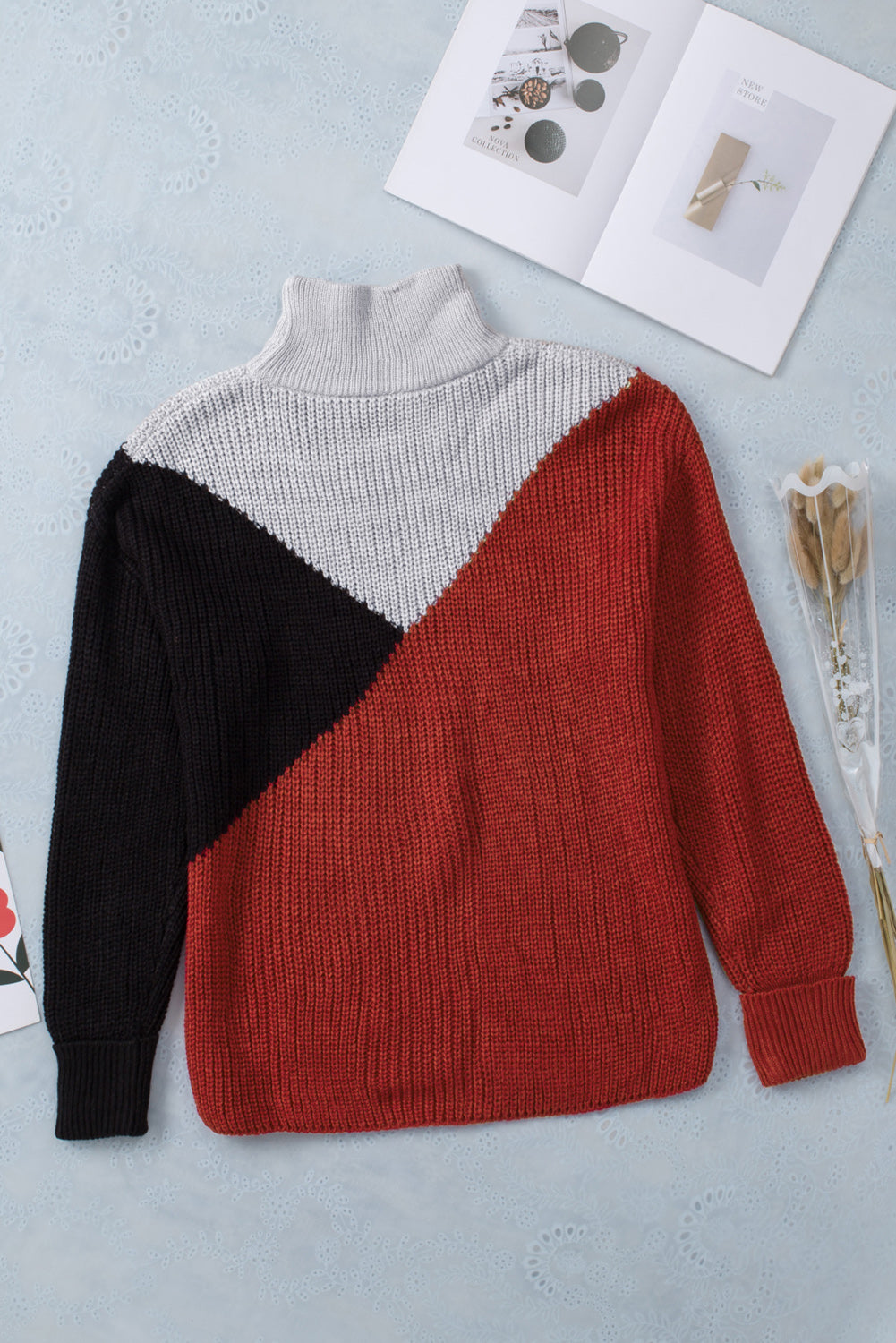 Black Color Block Drop Shoulder Turtleneck Sweater-yoyobikini