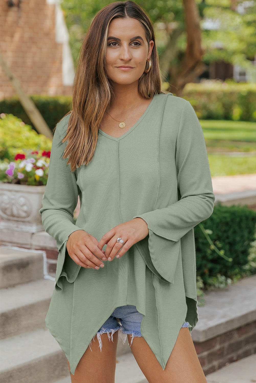 Green Ribbed Expose Seam Bell Sleeve Top-yoyobikini