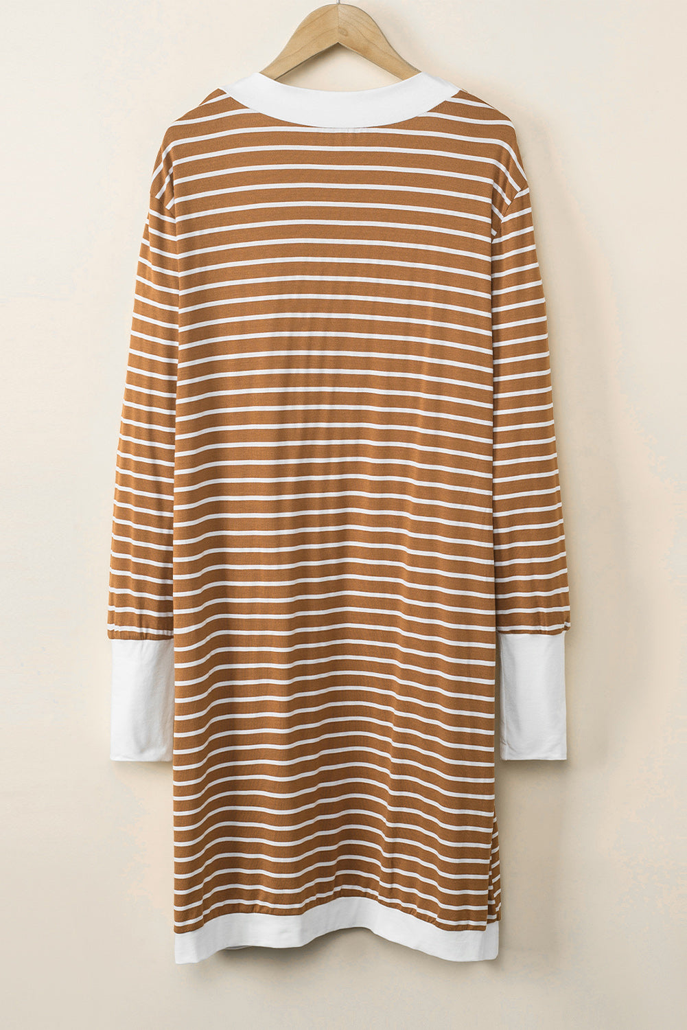Brown Striped Side Pockets Open Front Cardigan-yoyobikini