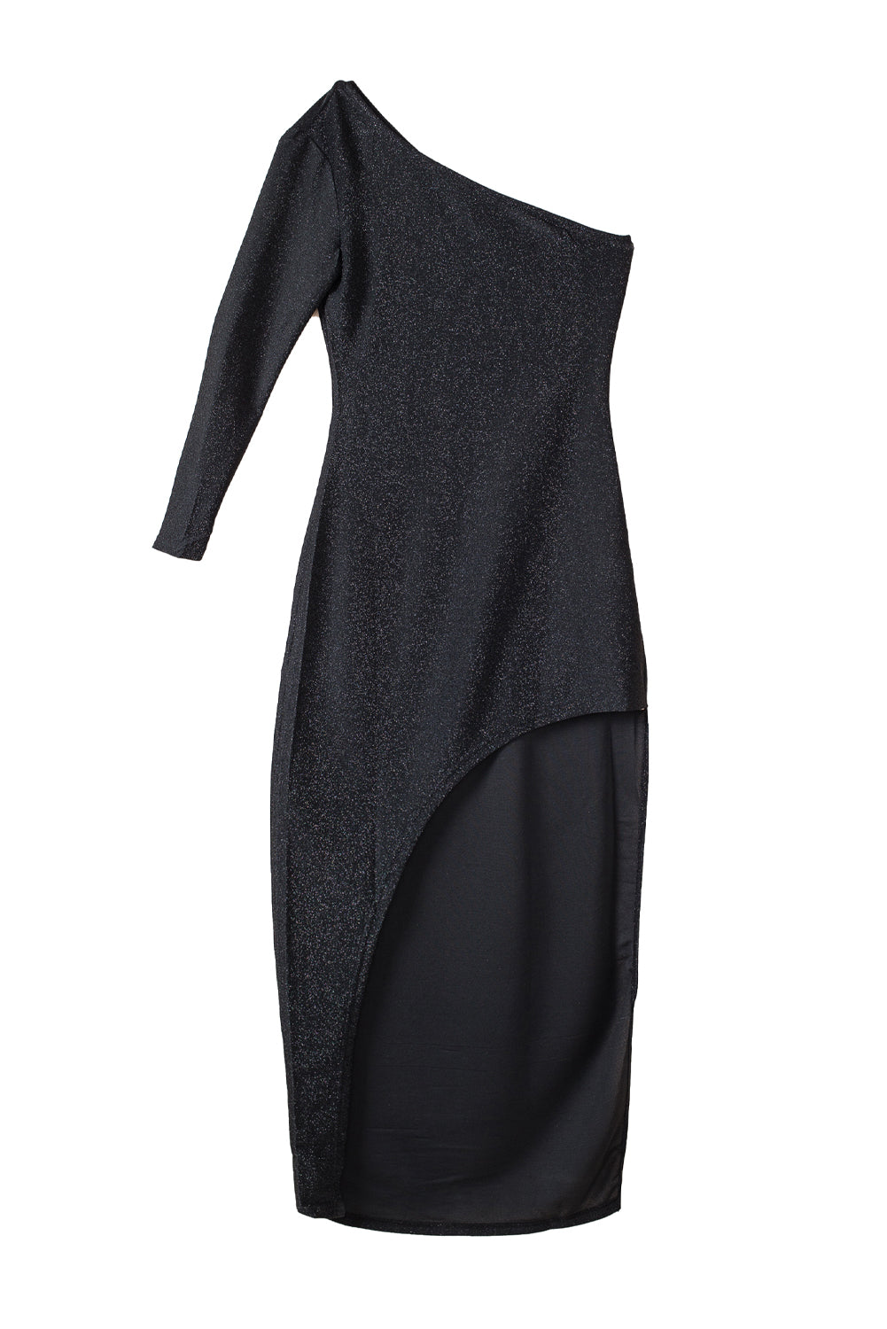 Black One-shoulder Glitter Metallic Asymmetric Long Dress-yoyobikini