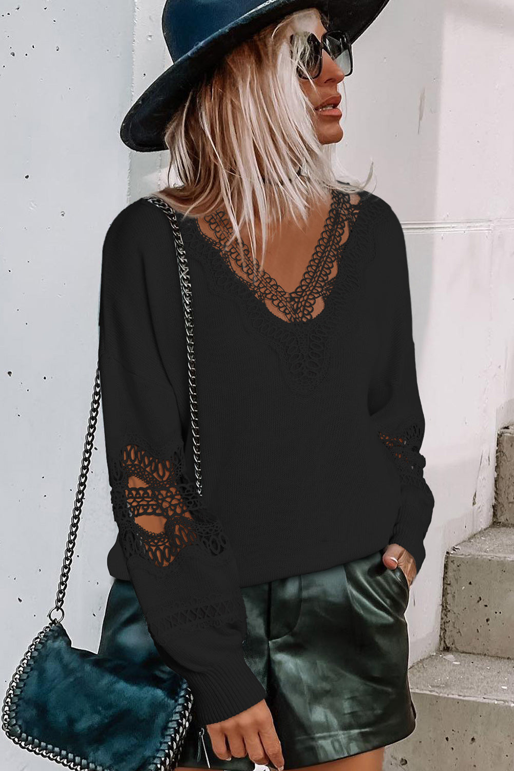 Black Hollowed Lace Splicing V Neck Loose Sweater-yoyobikini