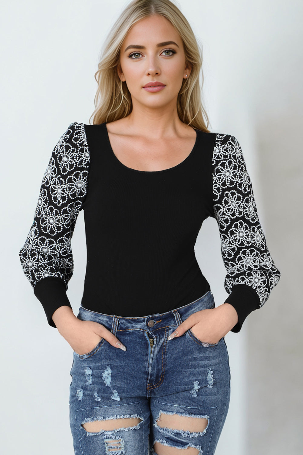 Black Flower Puff Sleeve Ribbed Knit Top-yoyobikini