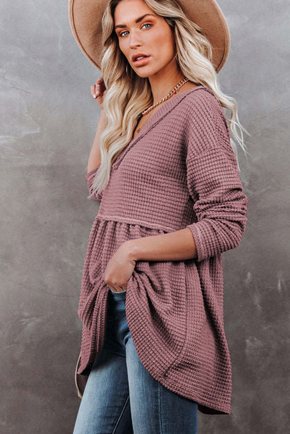 Pink Waffle Knit V Neck Long Sleeve Babydoll Top-yoyobikini