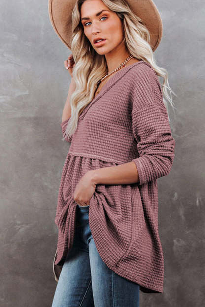 Pink Waffle Knit V Neck Long Sleeve Babydoll Top-yoyobikini