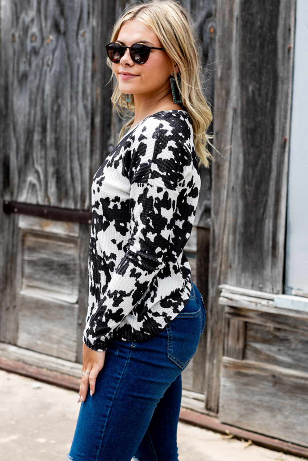 Cow Print U Neck Long Sleeve Top-yoyobikini