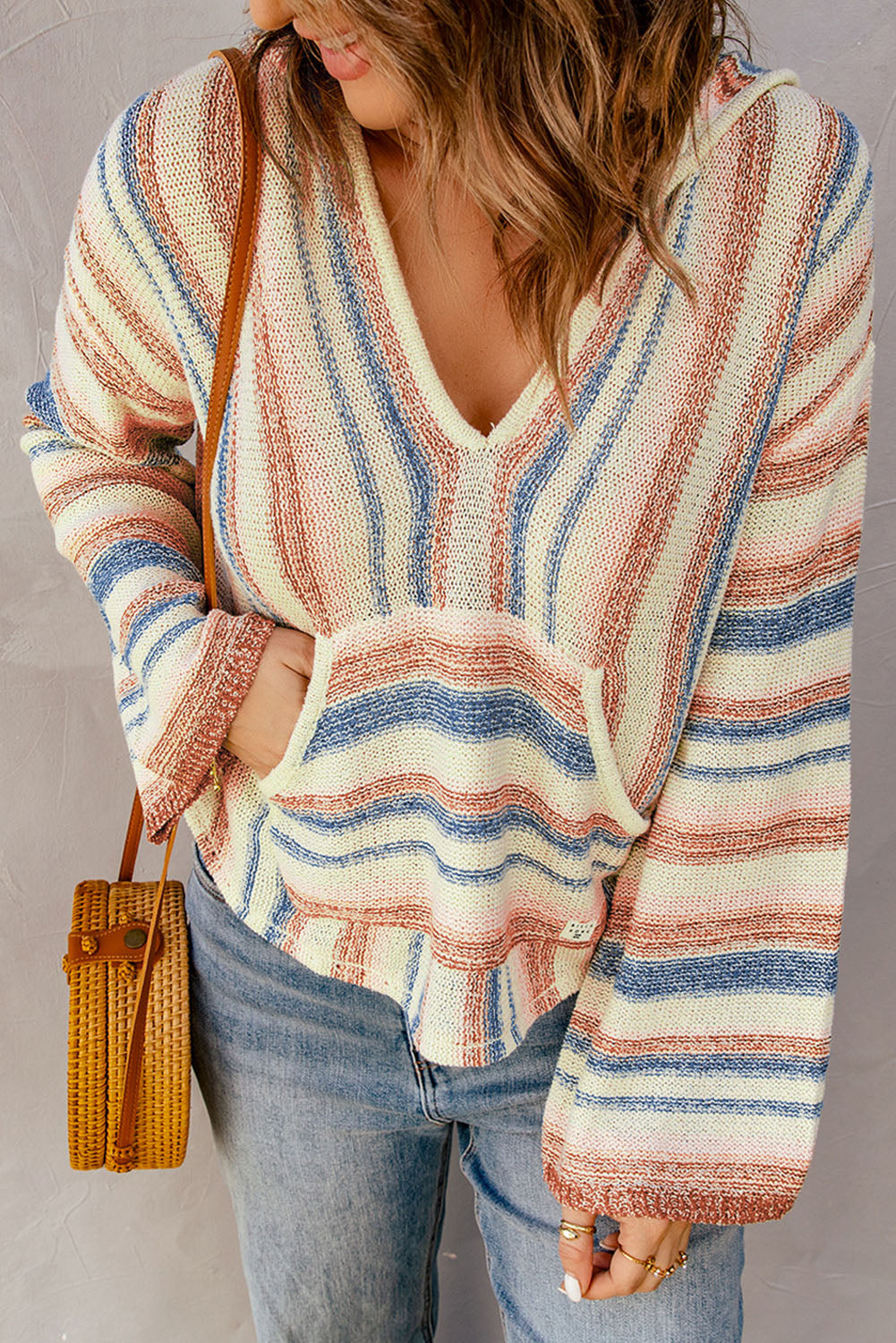 Multicolor Striped Knit Kangaroo Pocket Hooded Sweater-yoyobikini