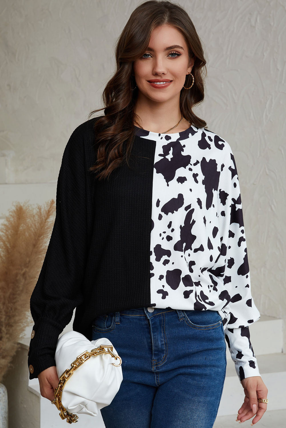 Black Cow Patchwork Waffle Knit Long Sleeve Top-yoyobikini