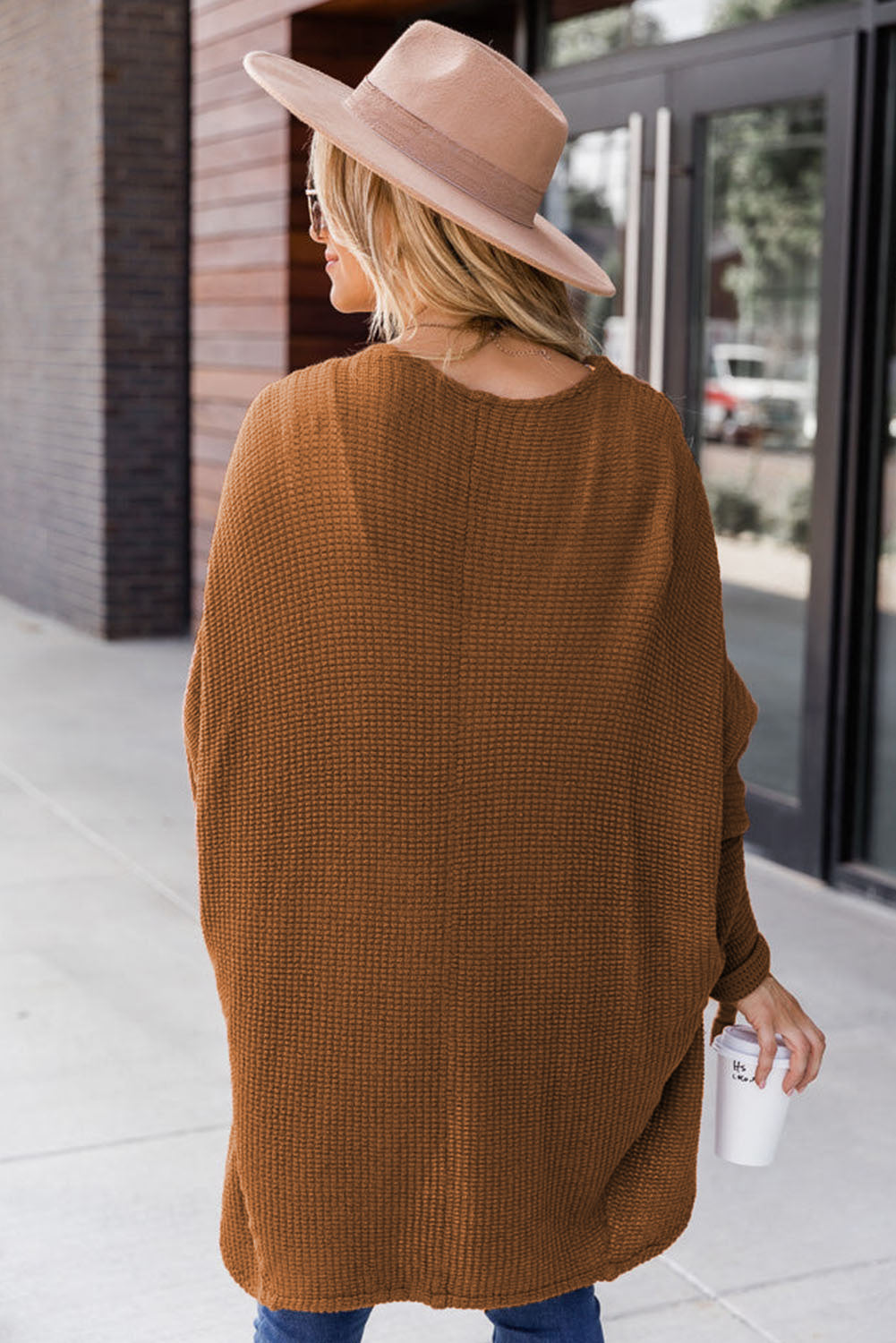 Brown Waffle Knit Open Front Rounded Hem Cardigan-yoyobikini
