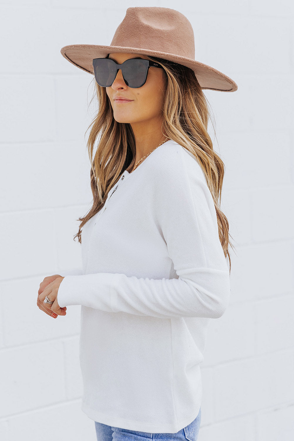 White Waffle Knit Henley Top-yoyobikini