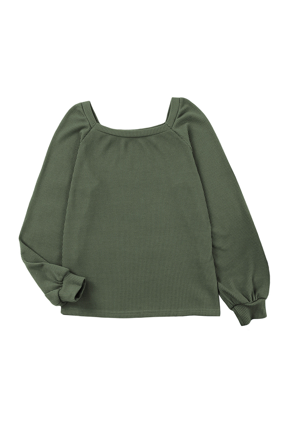 Green Scoop Neck Puff Sleeve Waffle Knit Top-yoyobikini