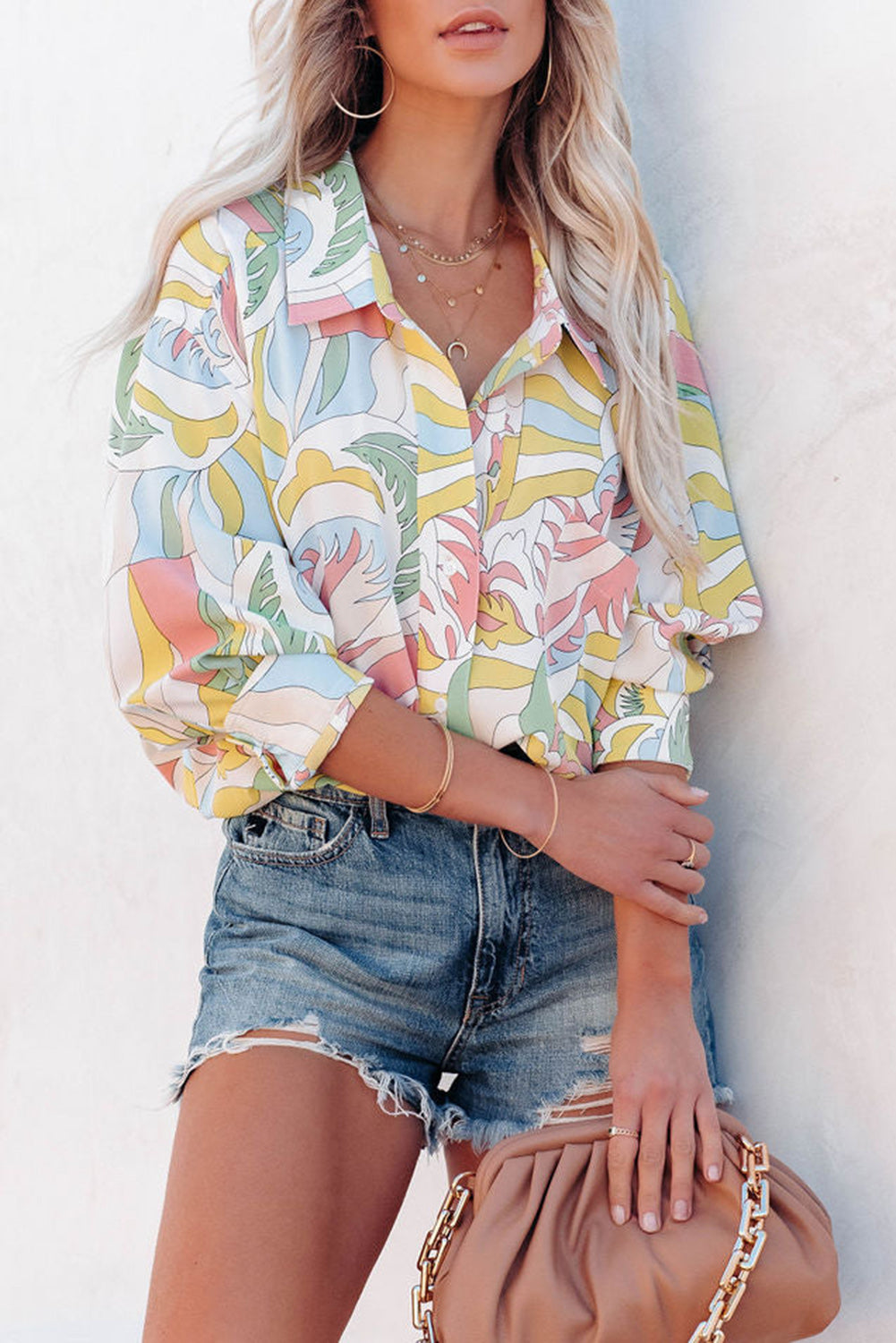 Multicolor Abstract Printed Turn-Down Collar Loose Shirt-yoyobikini
