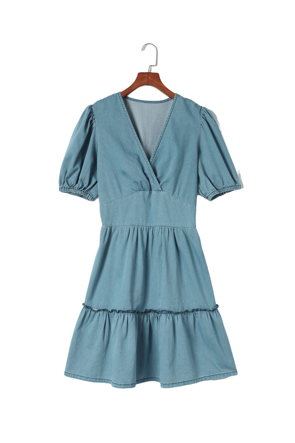Sky Blue V Neck Bubble Sleeve Ruffle Flared Mini Dress-yoyobikini