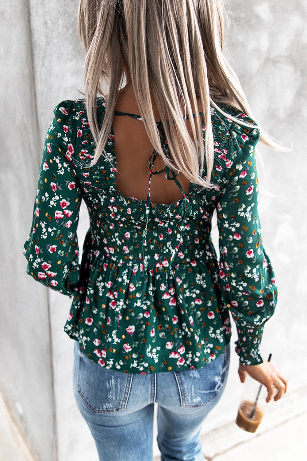 Floral Print Smocked Lace-up Square Neck Long Sleeve Top-yoyobikini