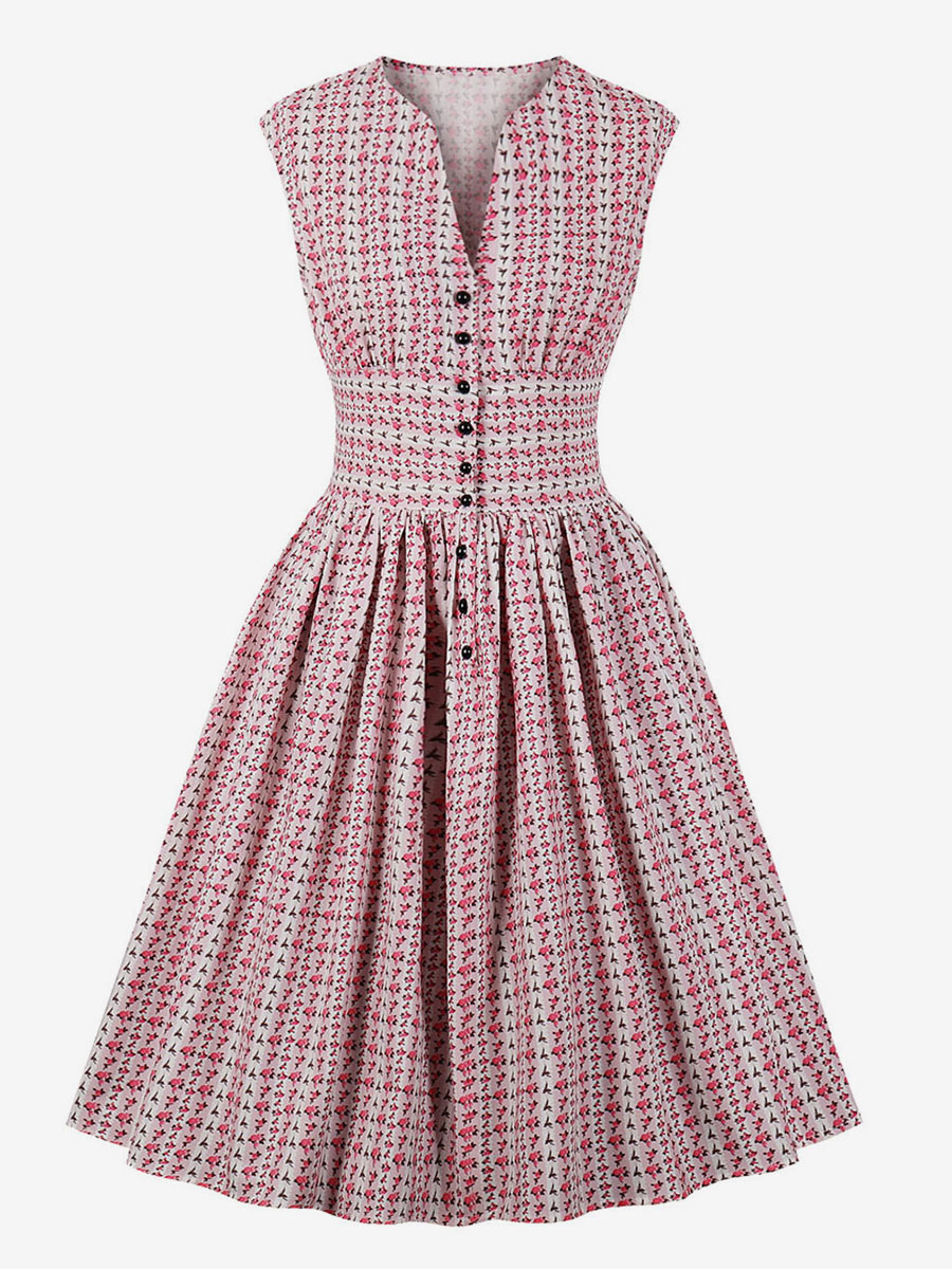 Floral Vintage Dress Sleeveless 1950s Fashion Retro Dress V Neck Swing Dress