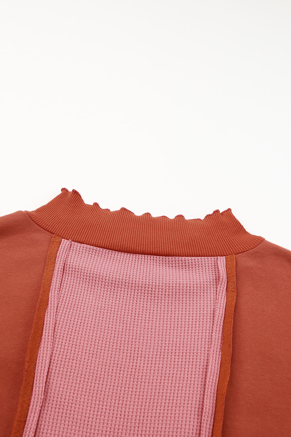 Red Waffle Knit Ripped Exposed Seam	Patchwork Top with Thumbhole-yoyobikini