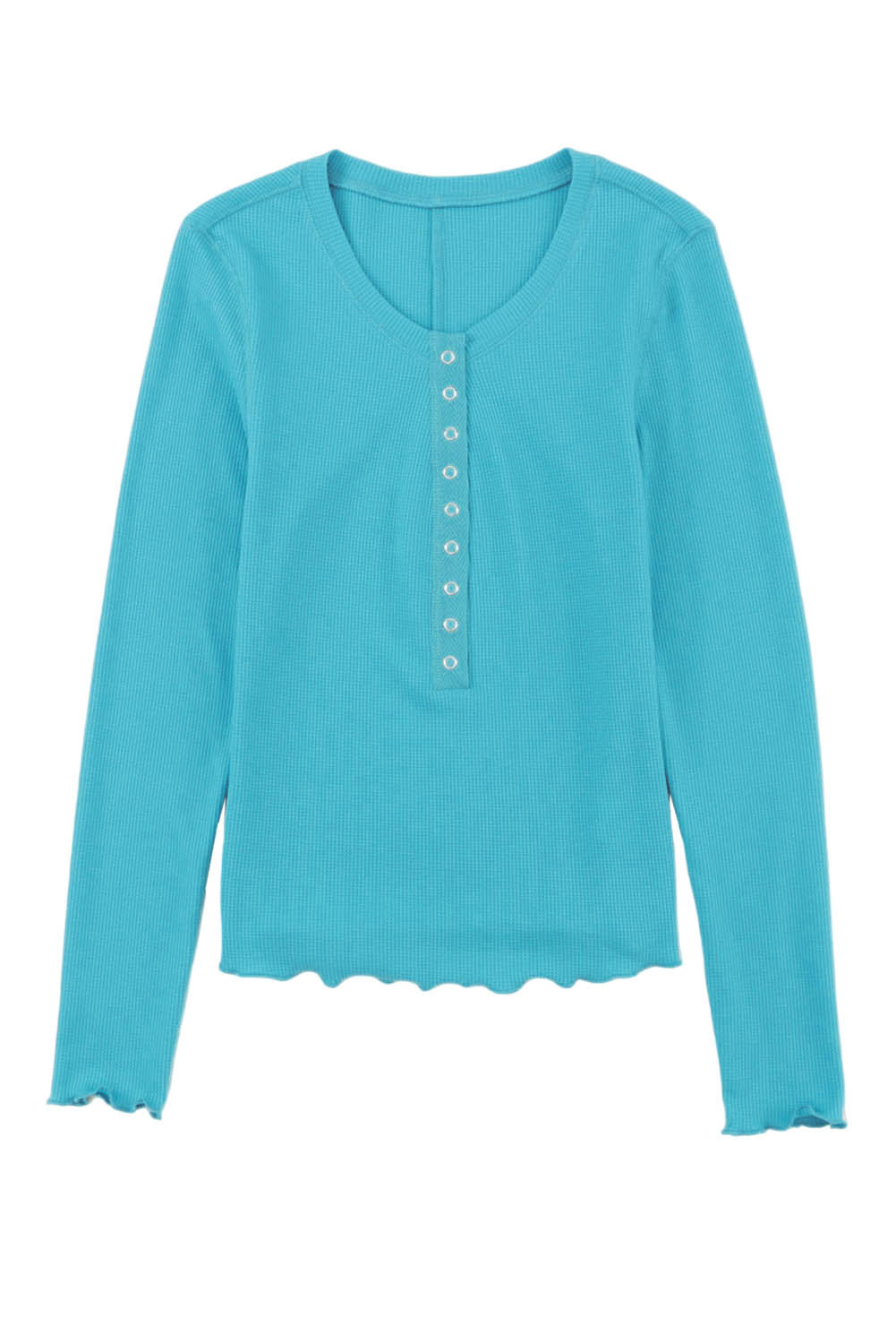 Sky Blue Waffle Knit Long Sleeve Buttoned Henley Top-yoyobikini
