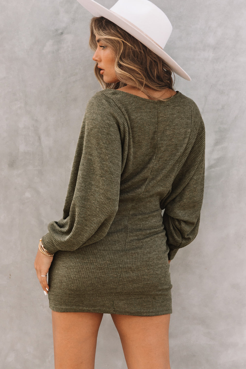 Green Batwing Sleeves Ribbed Knit Sweater Dress-yoyobikini
