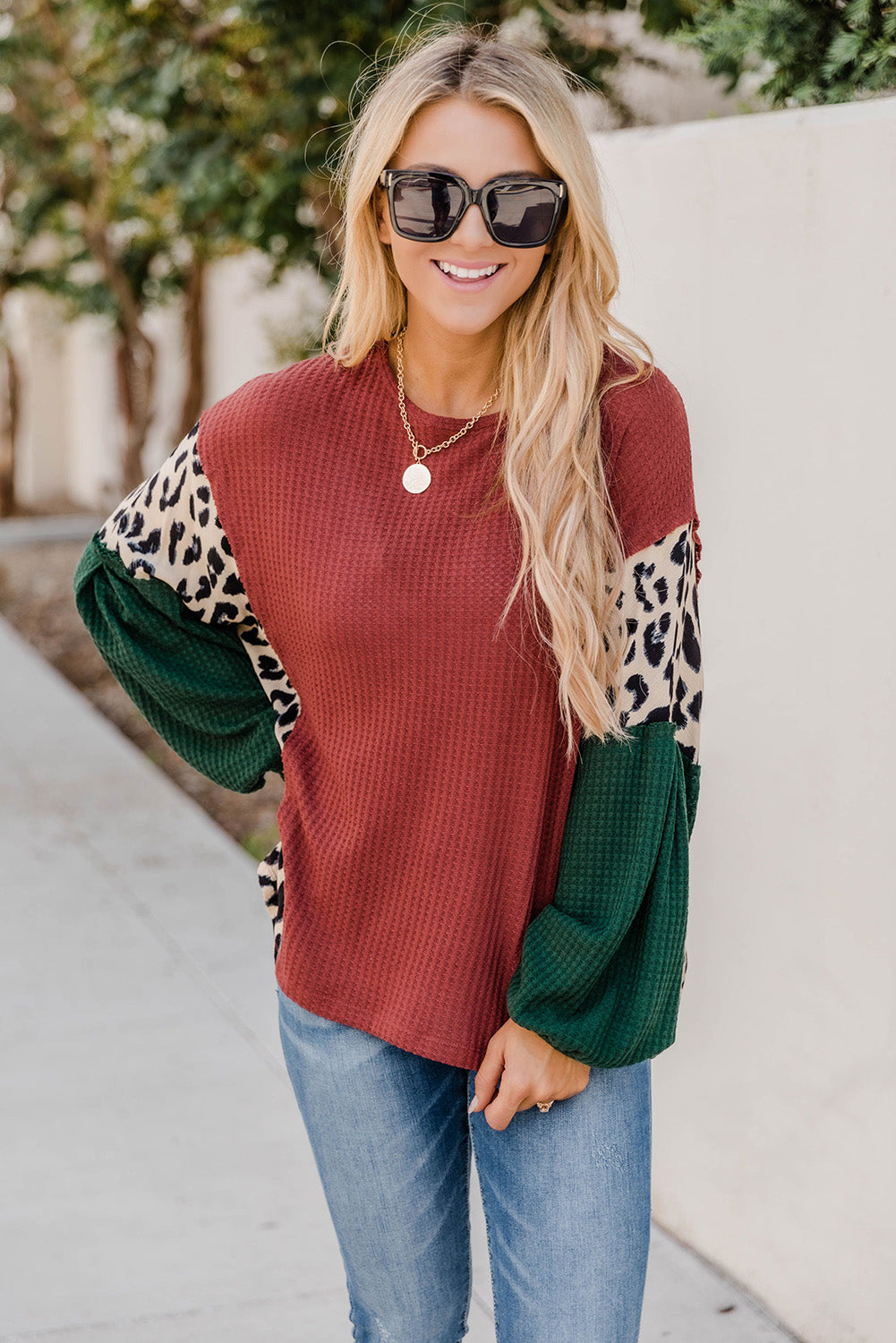 Brown Leopard Splicing Waffle Color Block Puff Sleeve Top-yoyobikini