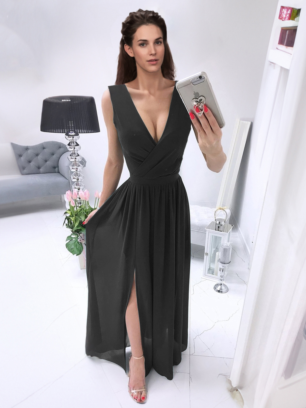 Party Dresses Burgundy V-Neck Sleeveless Long Semi Formal Dress