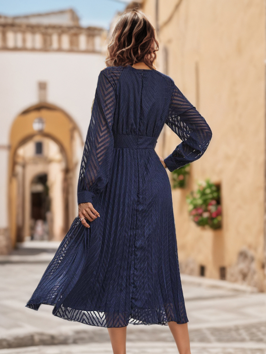V-Neck Dress Long Sleeves Pleated Zipper Flared Midi Dress