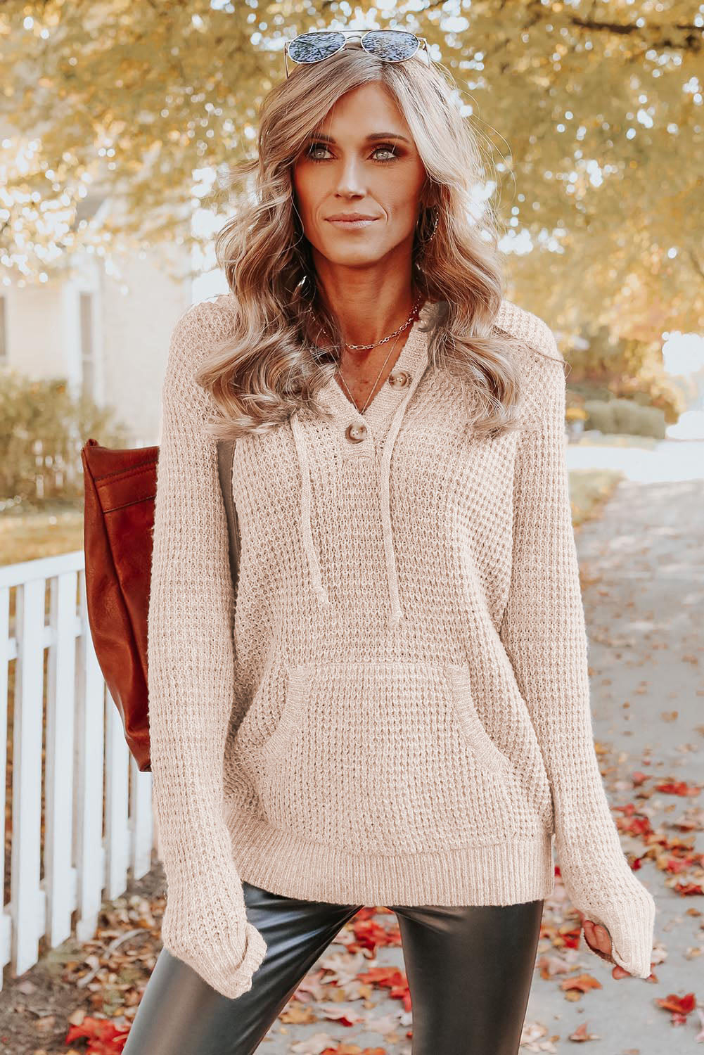 Apricot Waffle Knit Buttons Hooded Sweater with Pocket-yoyobikini