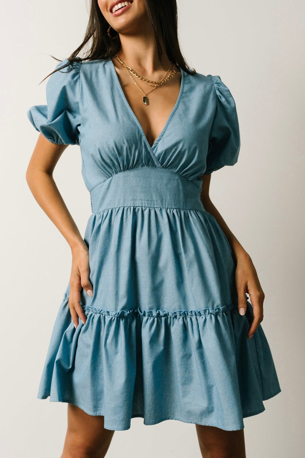 Sky Blue V Neck Bubble Sleeve Ruffle Flared Mini Dress-yoyobikini