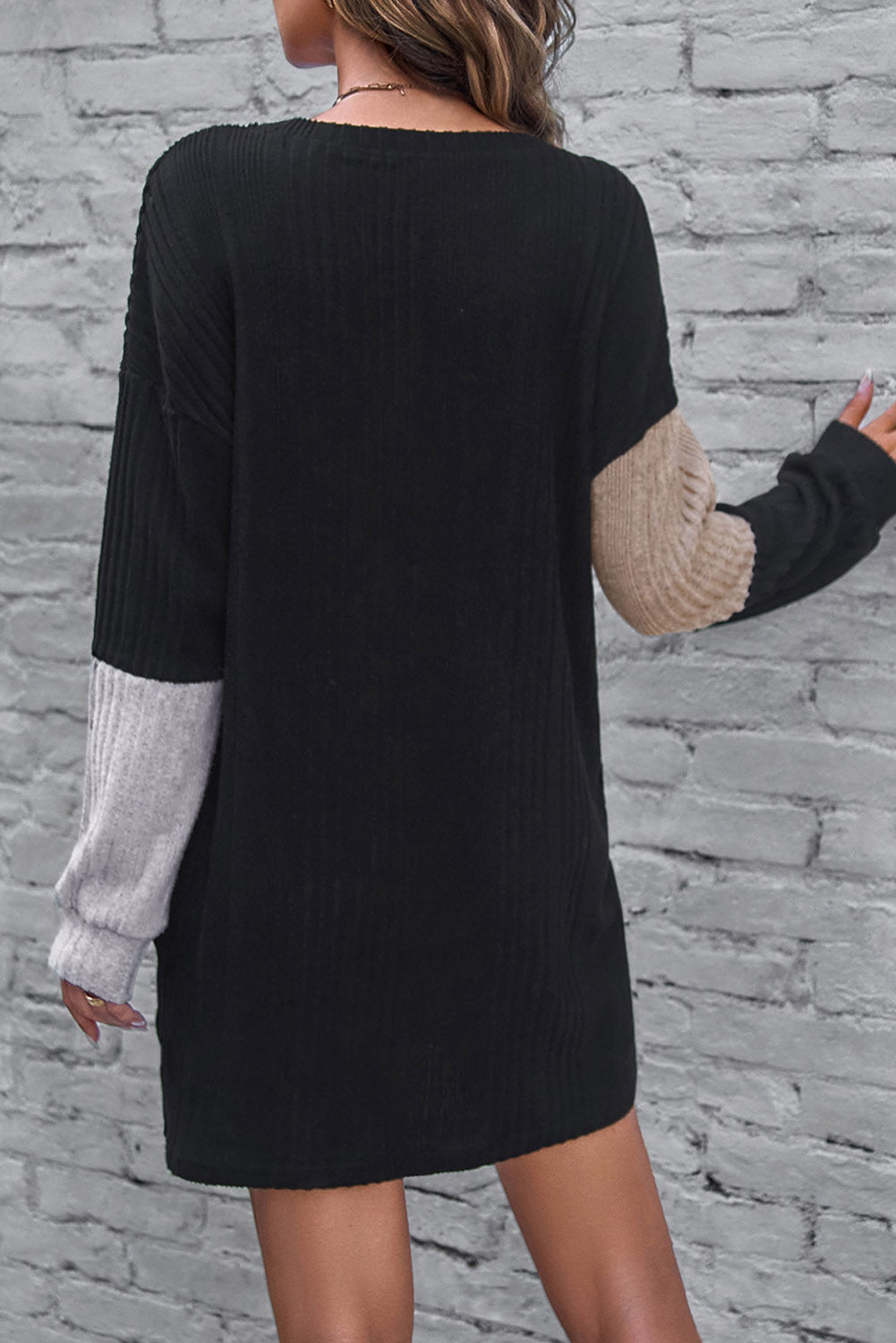 Black Ribbed Color Block Drop Shoulder Long Sleeve Mini Dress-yoyobikini