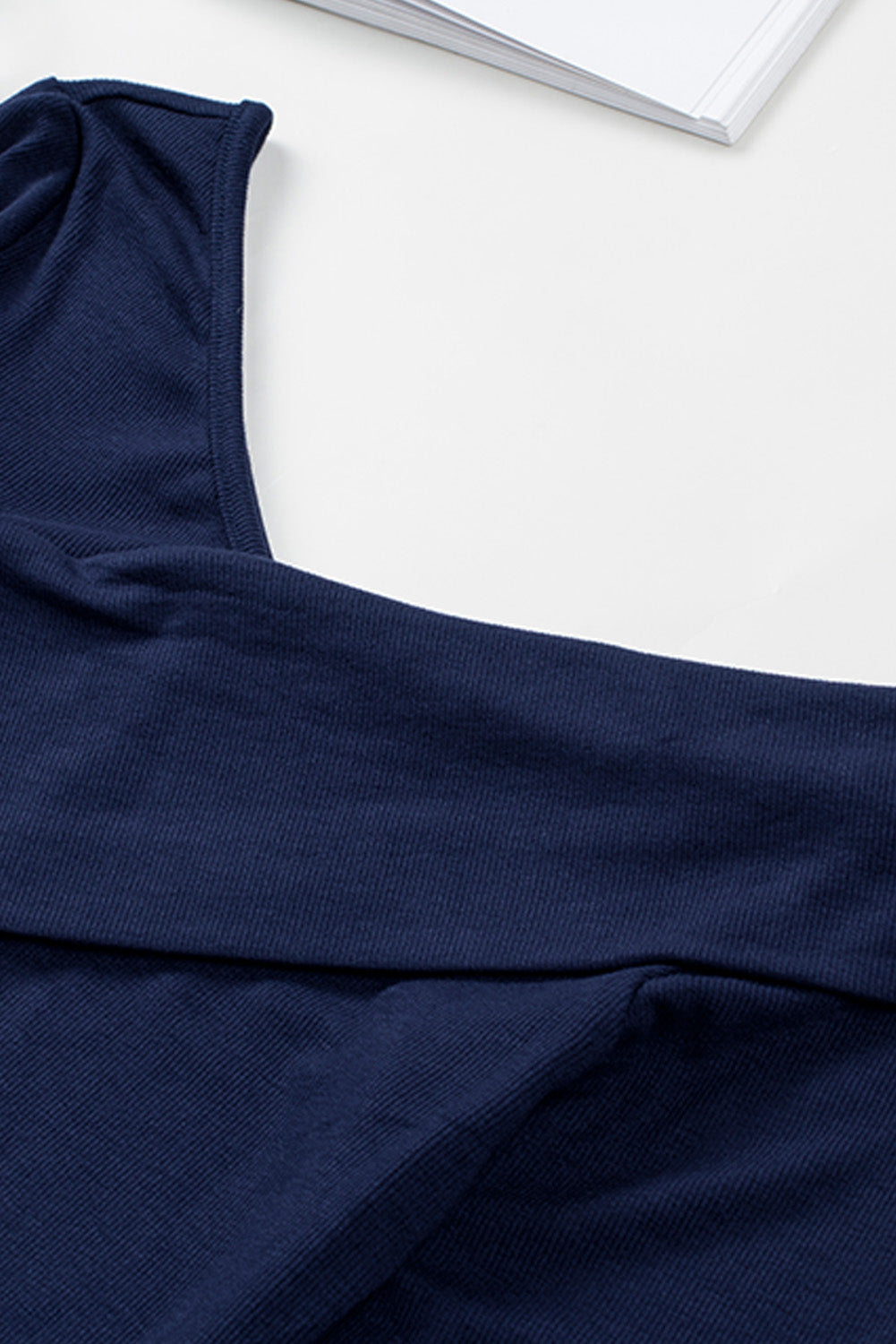 Blue Ribbed Wrap V Neck Long Sleeve Top-yoyobikini