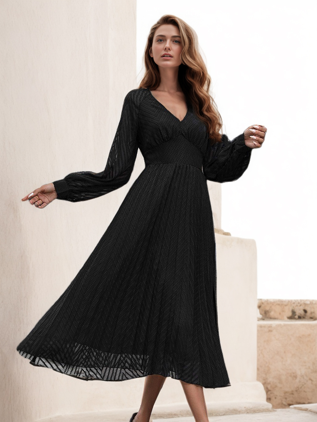 V-Neck Dress Long Sleeves Pleated Zipper Flared Midi Dress