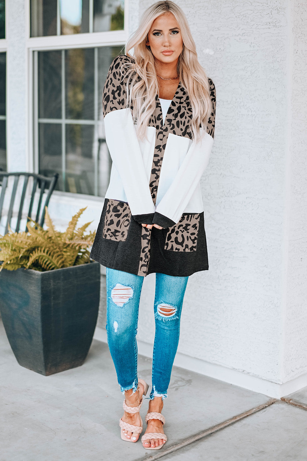 Leopard Block Cardigan with Pockets-yoyobikini