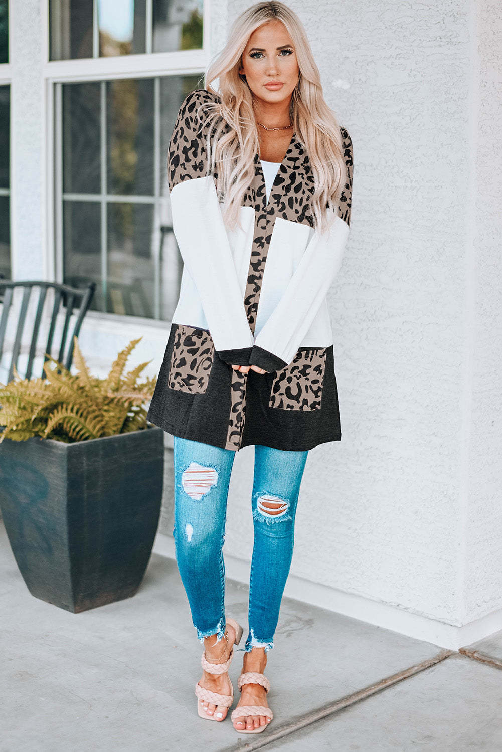 Leopard Block Cardigan with Pockets-yoyobikini