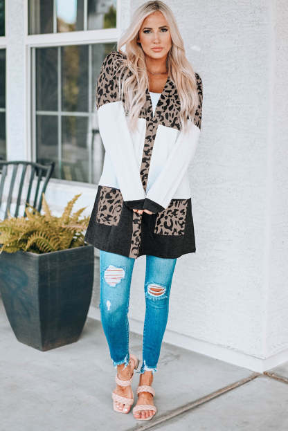 Leopard Block Cardigan with Pockets-yoyobikini