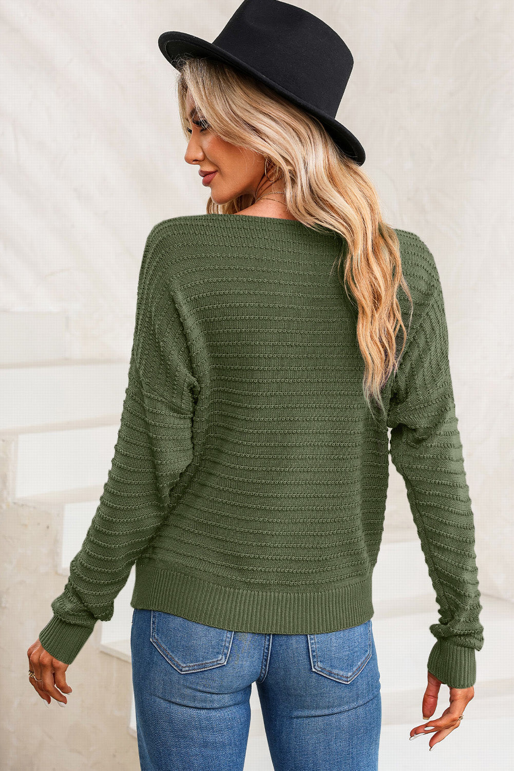 Green Textured Knit Round Neck Dolman Sleeve Sweater-yoyobikini