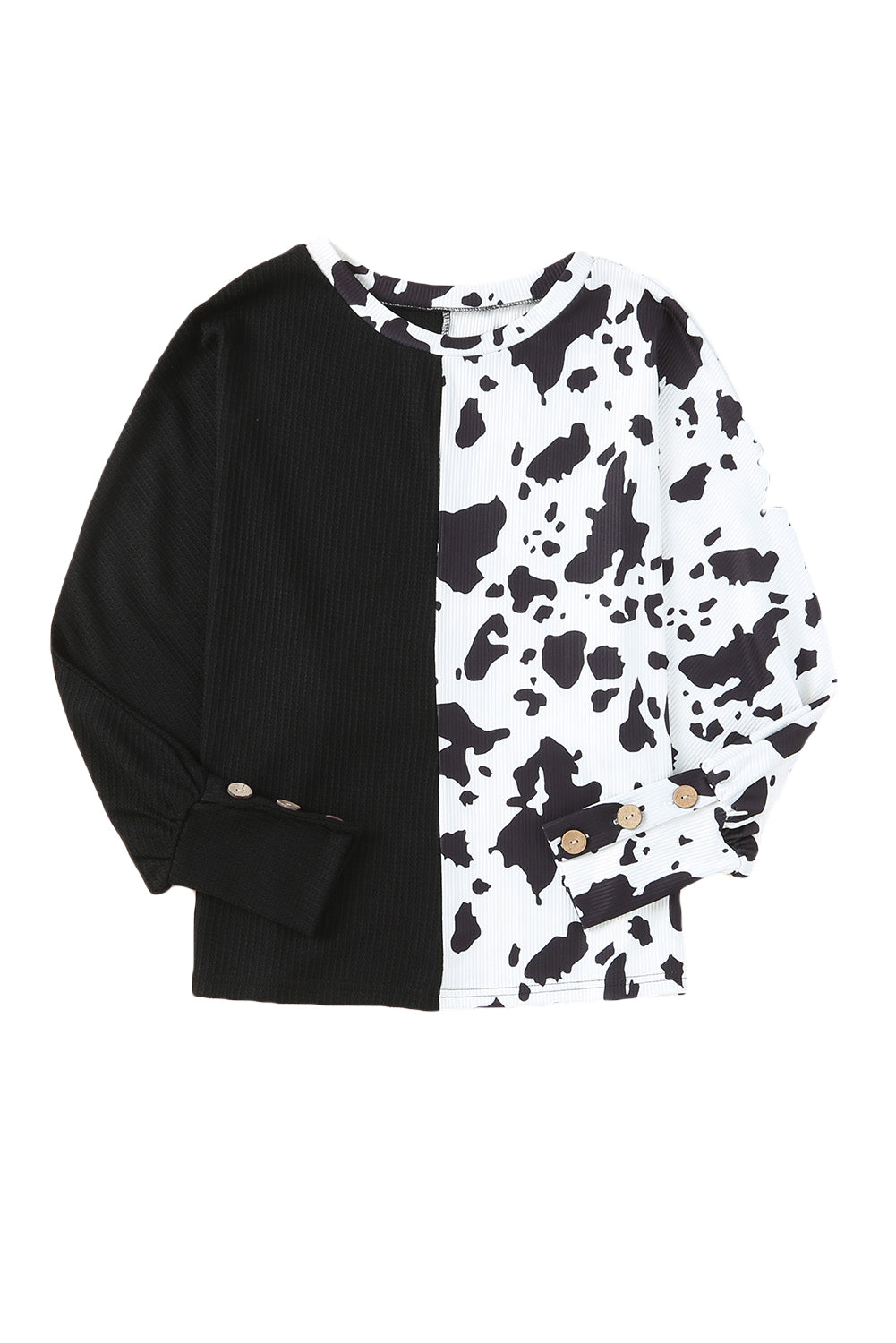 Black Cow Patchwork Waffle Knit Long Sleeve Top-yoyobikini