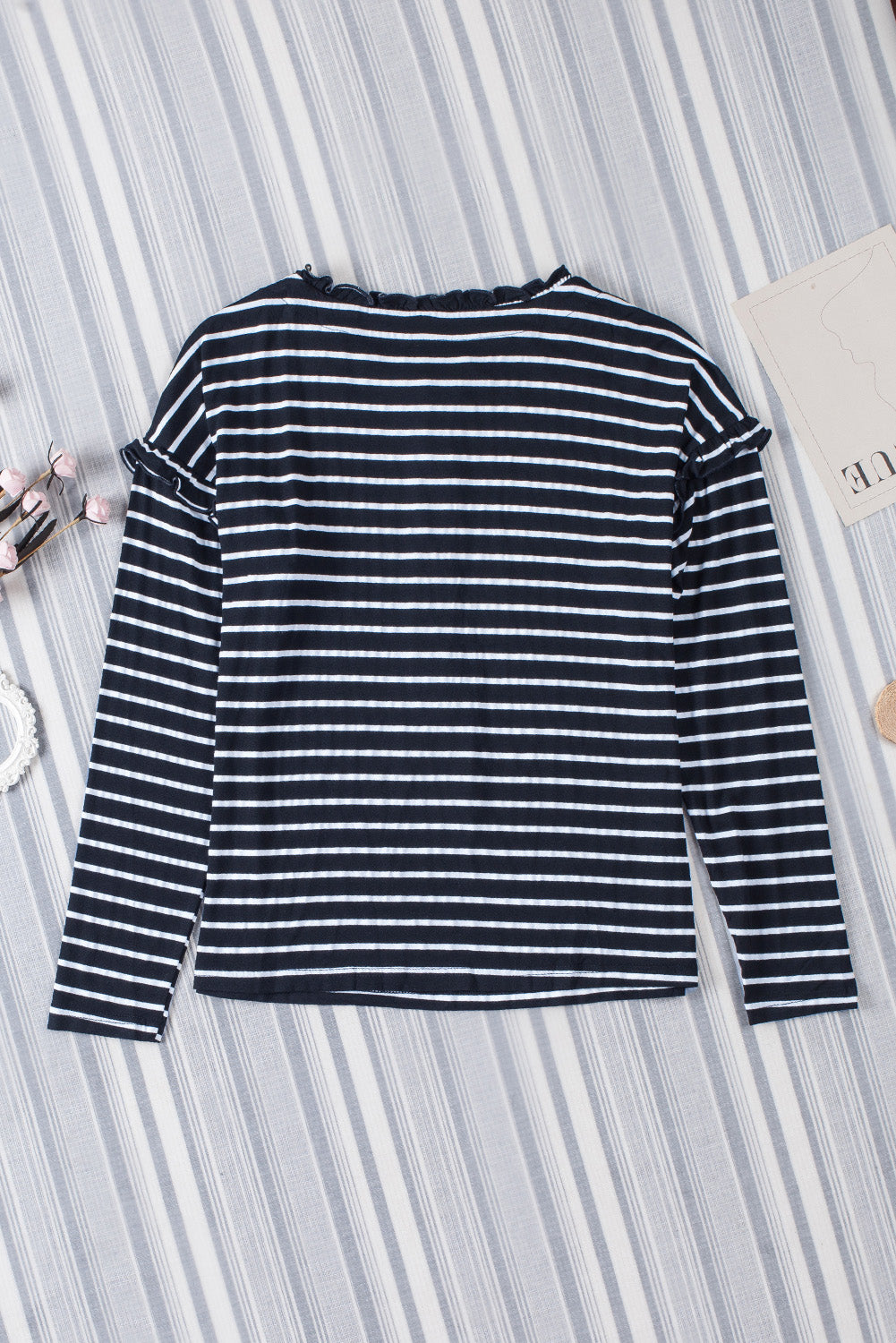 Black Striped Print Ruffled Buttoned Long Sleeve Top-yoyobikini