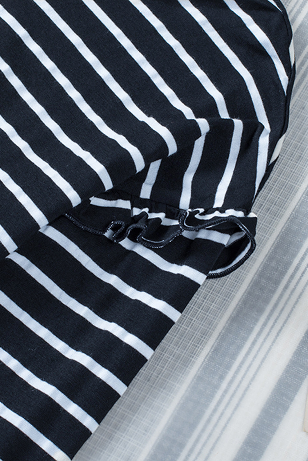 Black Striped Print Ruffled Buttoned Long Sleeve Top-yoyobikini