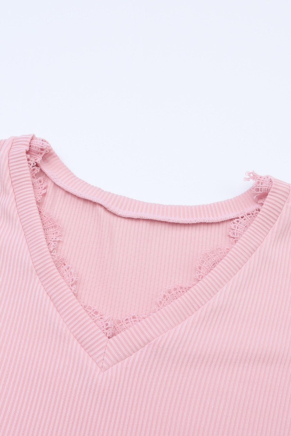 Pink Ribbed Texture Lace Trim V Neck Long Sleeve Top-yoyobikini
