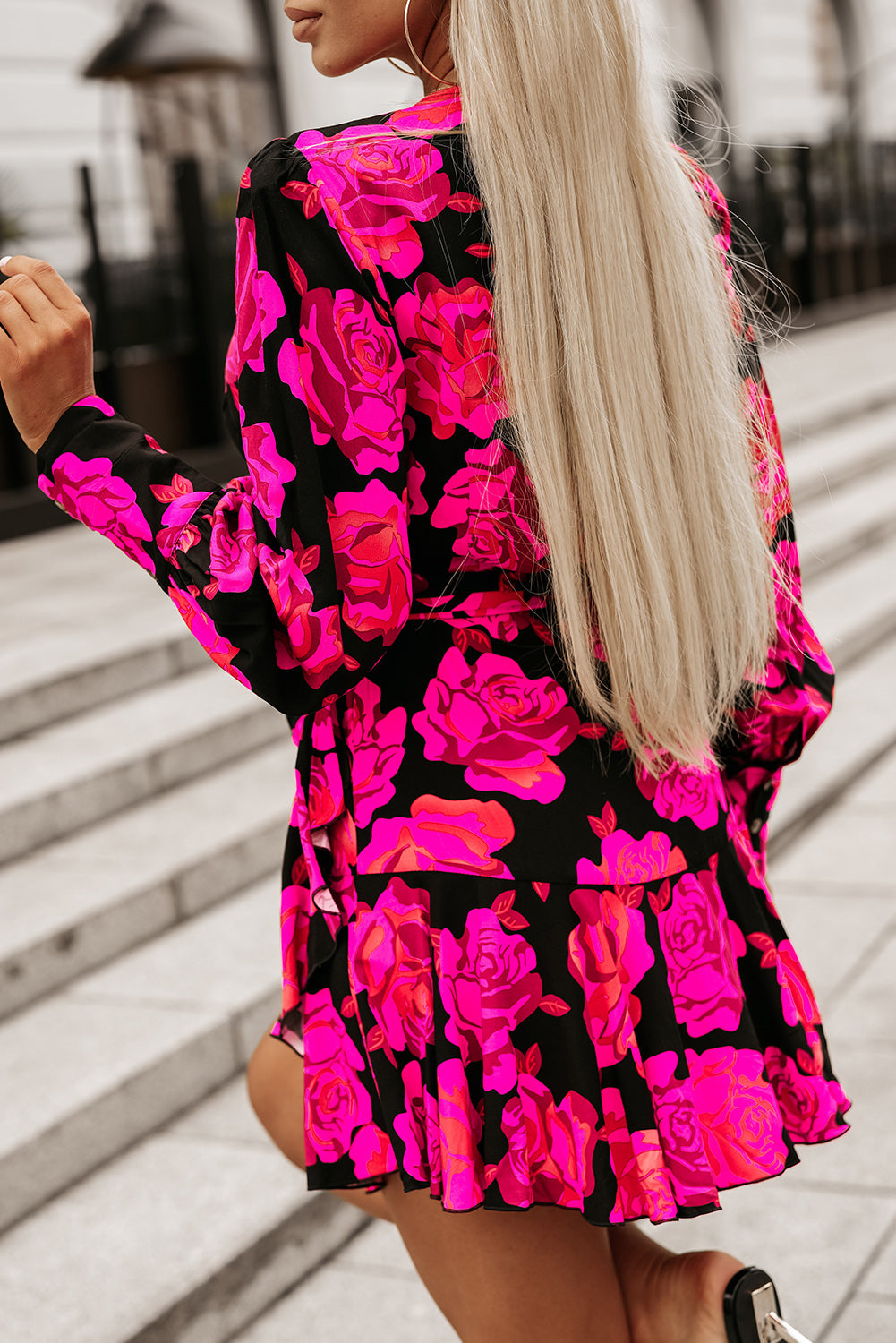 Rose Floral Print V Neck Wrap Bishop Sleeve Ruffle Tiered Mini Dress-yoyobikini