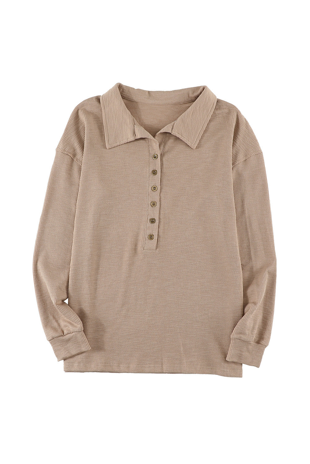 Khaki Button Front Turn-down Neck Knit Top-yoyobikini