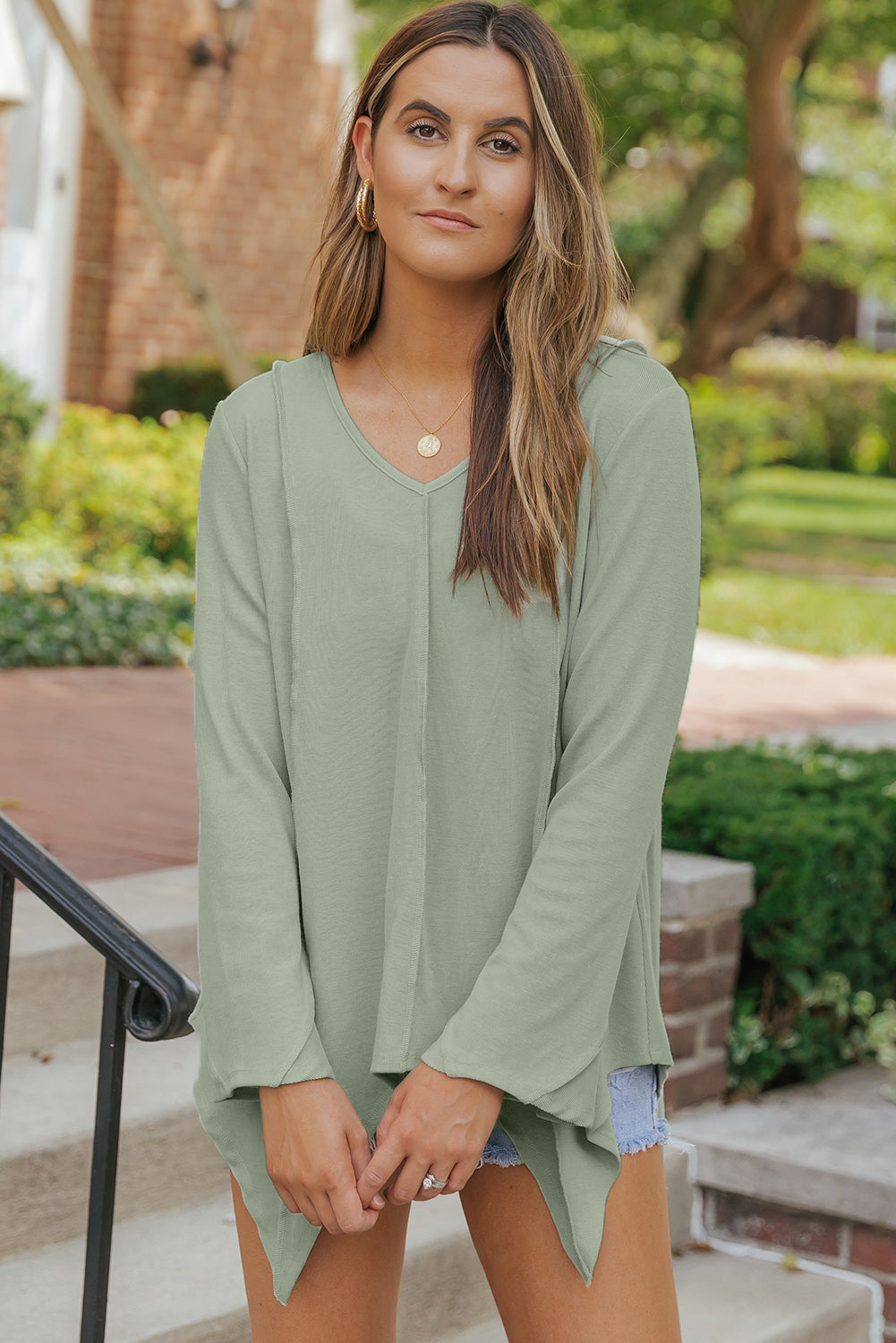 Green Ribbed Expose Seam Bell Sleeve Top-yoyobikini